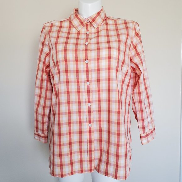 Pendleton Women's Button Up Orange White Plaid Shirt 3/4 Length Sleeve Top - Picture 1 of 13